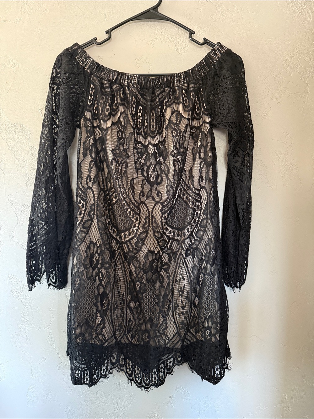 love, Fire Black Lace Off-Shoulder Long Sleeve Dress